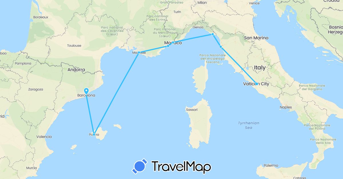 TravelMap itinerary: driving, boat in Spain, France, Italy, Monaco (Europe)